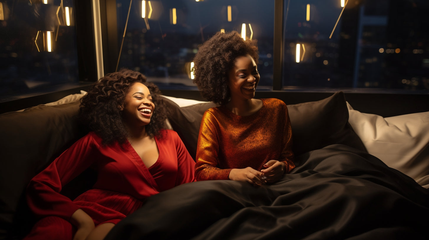 2 smiling black women on a bed