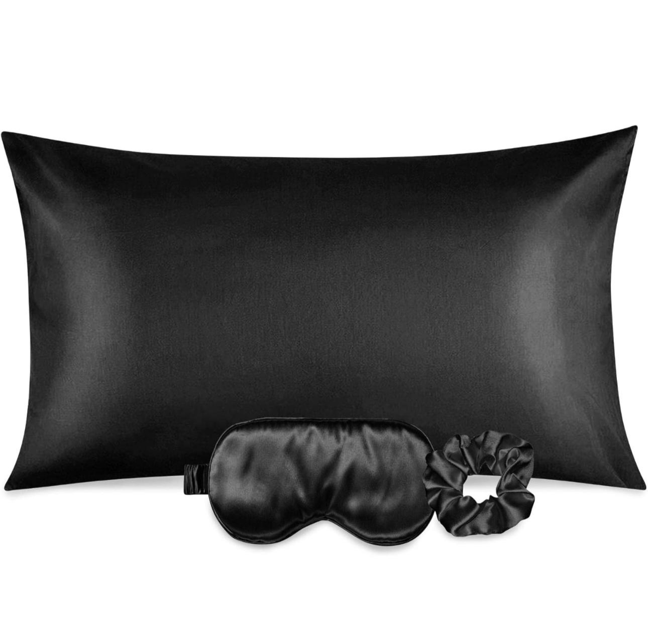 Silk Black Pillow Set with Eye Mask and Scrunchie