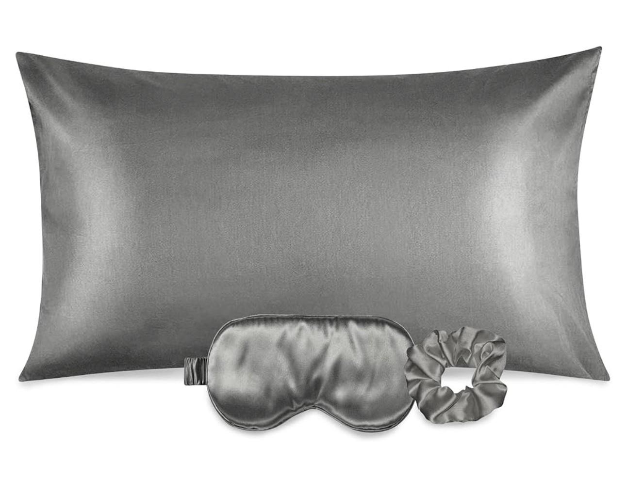 Silk Silver Pillow Set with Eye Mask and Scrunchie