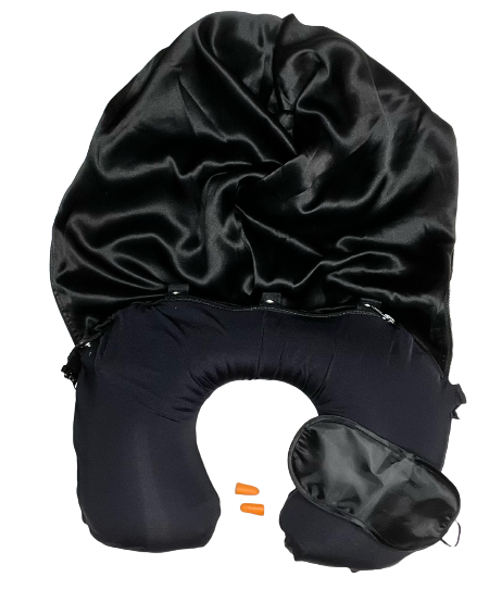 SilkSerenity Hooded Neck Pillow by PlanelyLaid: Inflatable Comfort with Silk Elegance