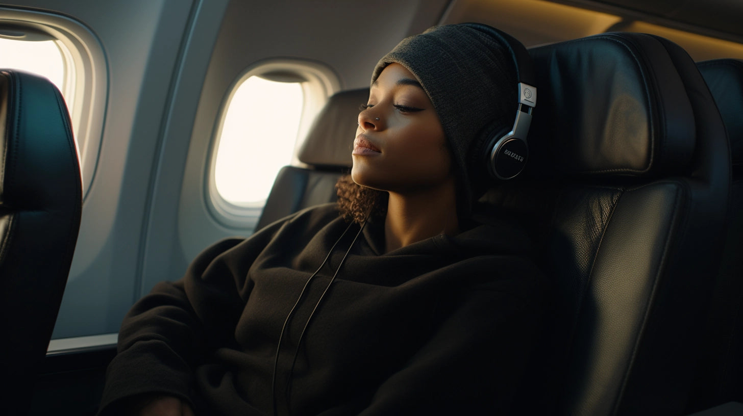 A woman in an airplane wearing a hooded jacket and headphone